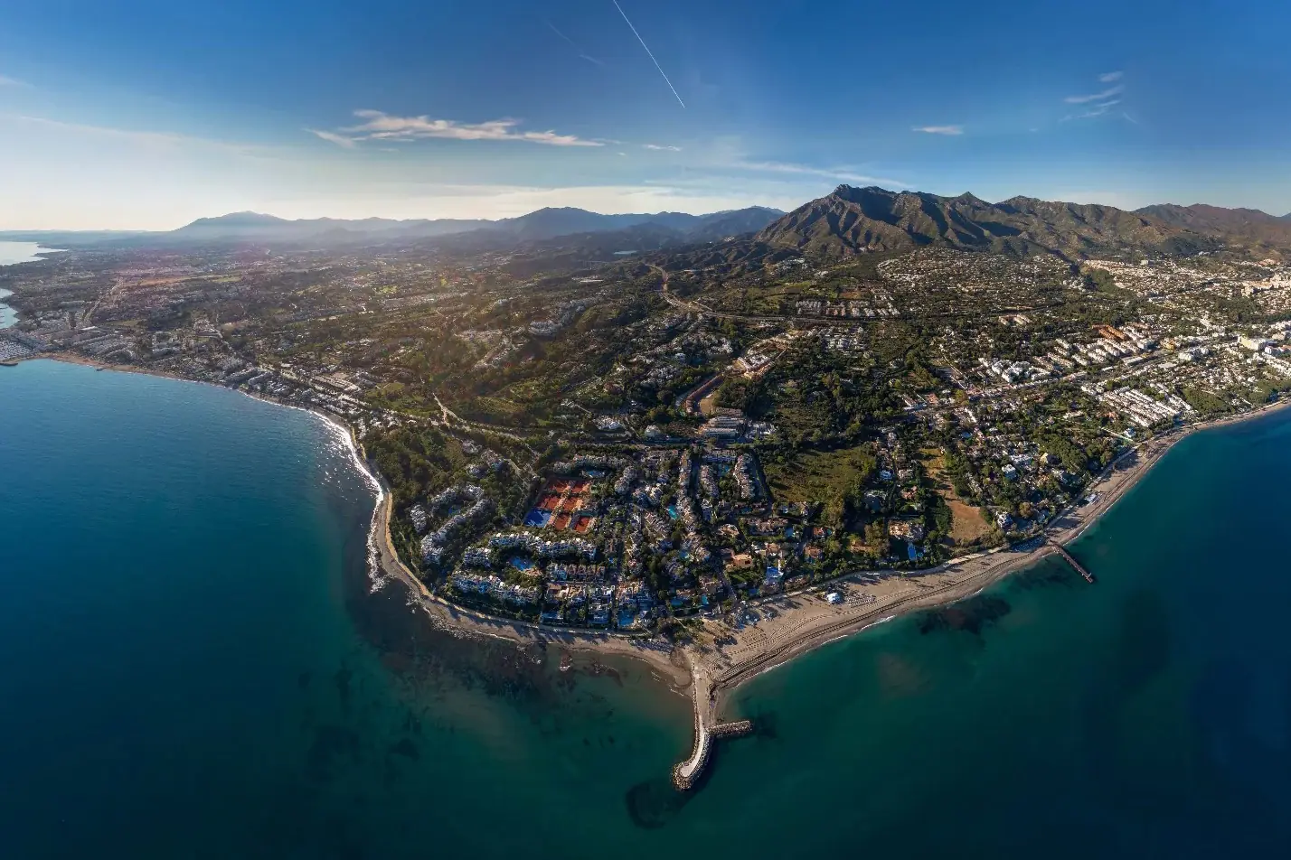 Aerial view of Marbella's Golden Mile, from the beaches up to La Concha mountain.