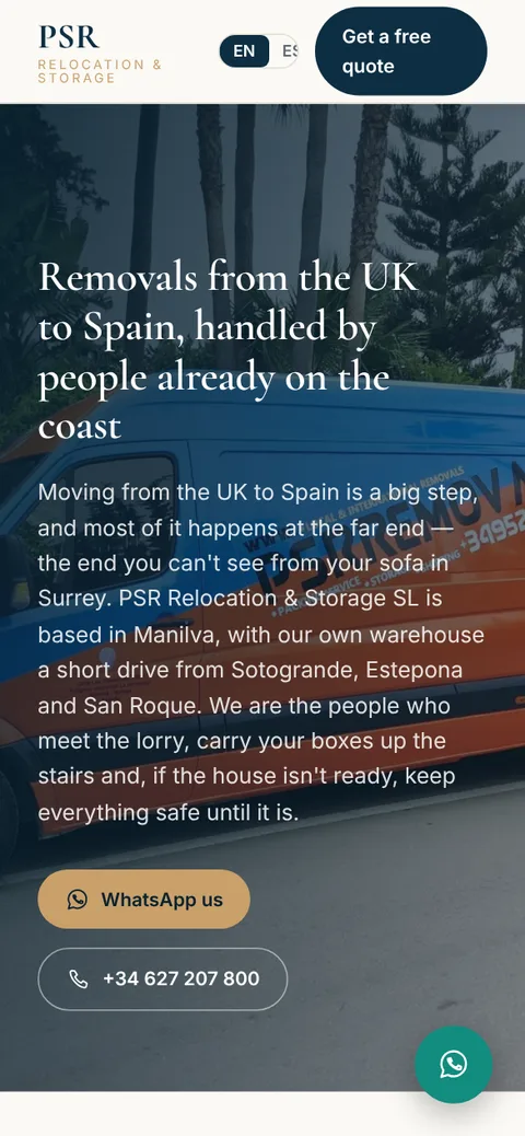 UK to Spain removals page on mobile