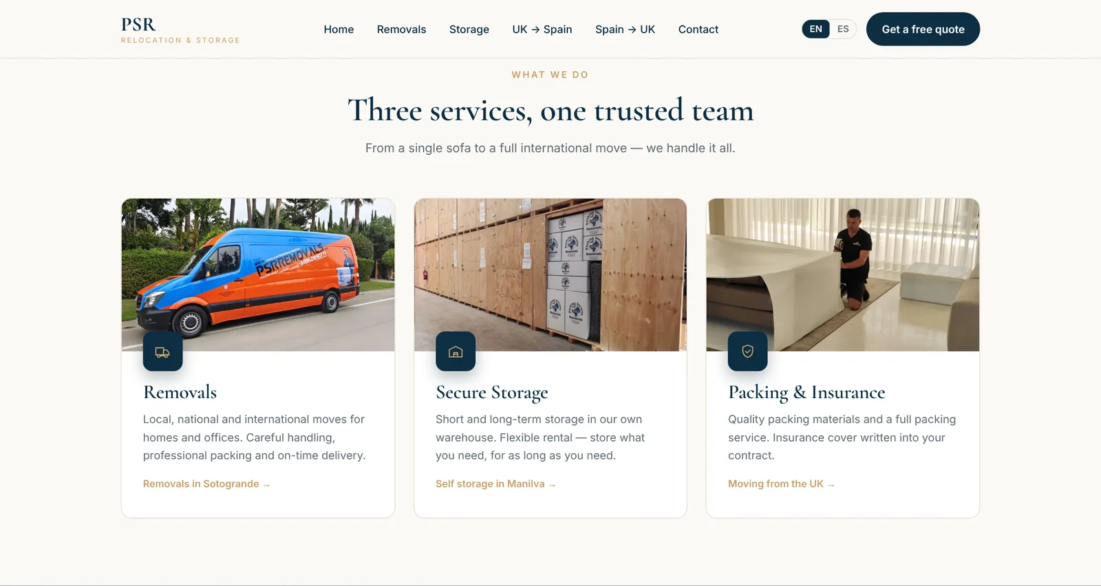 Three services, one trusted team: removals, secure storage, packing and insurance